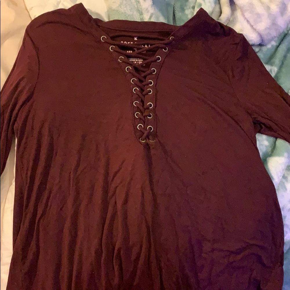 Burgundy long sleeve lace up top
